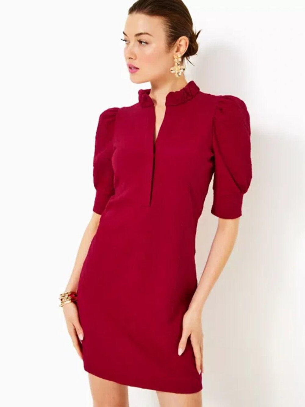 Elsey Popover Dress In Malbec Red Knit Pucker Jacquard